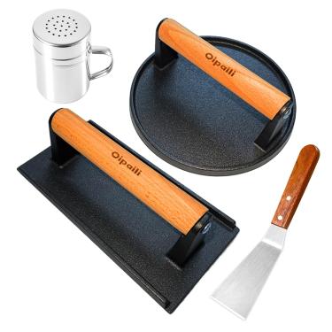 Imagem de Kit de prensa de hambúrguer Smash para grelha, 4 em 1, ferro fundido resistente, esmagador de hambúrguer redondo e prensa retangular para churrasqueira, peso de bife de carne para bacon, paninis