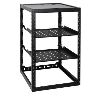 Imagem de RackPath Rack de rede de estrutura aberta 20U com 2 prateleiras ventiladas 1U de 35,5 cm, suporte traseiro, suporte de parede/gabinete de rede de piso, capacidade resistente de 68 kg para equipamentos