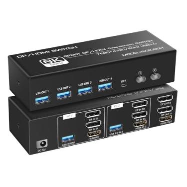 Imagem de Interruptor KVM 8K @60Hz 3 monitores 2 computadores, DisplayPort e HDMI KVM Switch com 4 portas USB 3.0, suporta modo estendido/cópia, inclui 2 cabos USB 3.0, adaptador de energia e controlador de