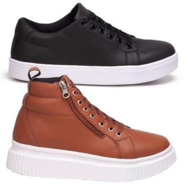 Imagem de Kit Tênis Feminino Preto + Bota Plataforma Caramelo. Estilo Skate, Balada.-Feminino