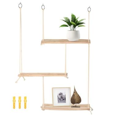 Imagem de FALESOUL Prateleiras Boho para parede, 3 níveis, prateleiras de madeira rústica, prateleiras, ajustáveis, prateleiras flutuantes, boho, decoração de quarto, sala de estar, banheiro, cozinha, canto
