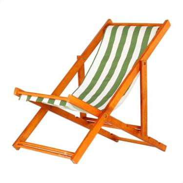 Imagem de Espreguiçadeira Portátil de Madeira Maciça – Para Piscina, Sem Braço, Envernizada (Listrado Verde e Branco)