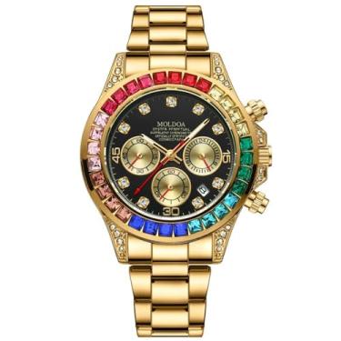 Imagem de DAXIAOYU Relógio masculino hip hop diamante completo strass negócios masculino à prova d'água quartzo relógio de pulso cronógrafo pulseira ouro, Dourado