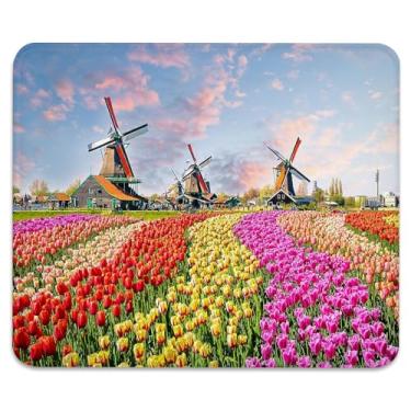 Imagem de Quebra-cabeças tulipas paisagem holanda antiderrapante base de borracha para jogos e escritório mouse pad com bordas costuradas 24 x 19 cm, tapete de mesa de superfície de tecido liso durável