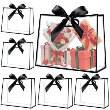 Imagem de Gdotmely 12 sacos de presente de plástico transparente com alças cortadas, sacolas reutilizáveis de festa com fitas, bolsa de presente transparente para casamento, chá de bebê, festa de aniversário