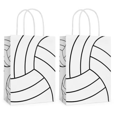 Imagem de 12 sacos de presente de voleibol com alça, saco de doces de papel para lembrancinhas esportivas com tema de vôlei, artigos de decoração de festa de aniversário