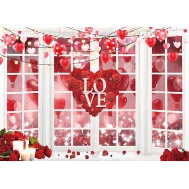 Imagem de XMJJKUF Pano de fundo para fotos do Dia dos Namorados, 3 x 2,4 m, vermelho, coração, branco, balões rosa e vermelhos, fundo fotográfico Bokeh para noivado, casamento, festa, estúdio, adereço