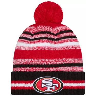 Imagem de New Era San Francisco 49ers Sideline Sport Black Striped Cuffed Football Knit Beanie Hat Pom - NFL Cheer Cuff Knit Cap
