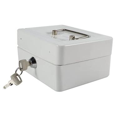 Imagem de Generic Mini Caixa de Segurança de Ferro Portátil, Fechadura Com Chave Resistente, Segura para Joias de Escritório Doméstico, 6 Compartimentos para Dinheiro, Moeda, 1 Peça, Viagem (Branco Pequeno)