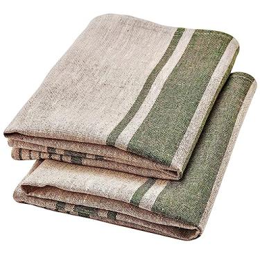 Imagem de Conjunto de 2 panos de prato de linho puro de 43 x 68 cm – Toalhas de prato de linho com listras verdes francesas verde-oliva (oliva)