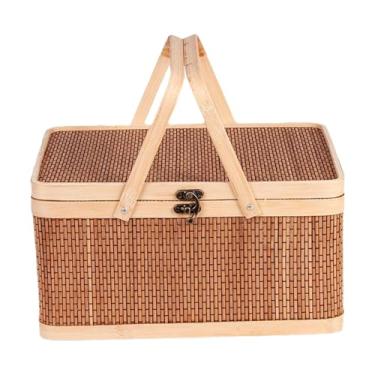Imagem de Baoblaze Cesta de bambu trançado com tampa e alça, multiuso, ideal para frutas, pães, lanches, cozinha e camping.