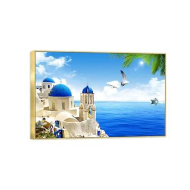 Imagem de Quadro dourado arte de parede paisagem impressões em tela - edifícios marinhos árvores pássaros - pintura de decoração - imagens para quarto 50 x 75 cm 20 x 30 pol