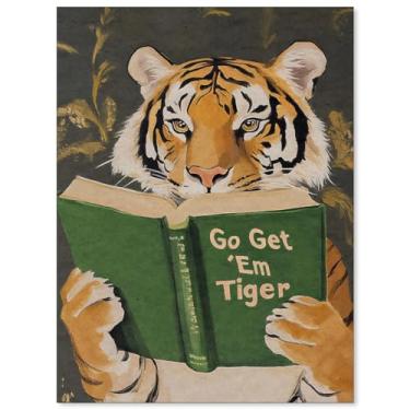 Imagem de FoxUncle Pôster de livro de leitura de tigre motivacional engraçado Go Get Em Tiger arte de parede vintage bonito animal impressão em tela para biblioteca escritório ou decoração de parede de estudo