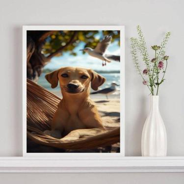 Imagem de Quadro Decorativo Cachorro Caramelo Na Praia 45X34Cm