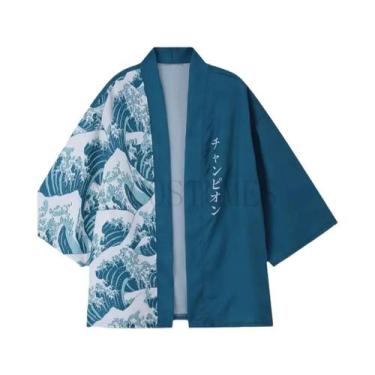 Imagem de Cardigan Masculino Azul Estilo Kimono Solto Com Estampa Japonesa Ukiyo