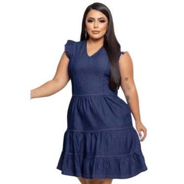 Imagem de Vestido Feminino Jeans com Elastano Plus Size com Mangas de Babadinho 