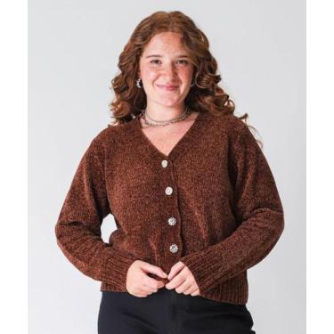 Imagem de Cardigan Plus Size Feminino Chenille Botões Marisa Marrom, Marrom, G1