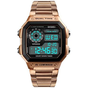 Imagem de FANMIS Relógios de pulso masculinos de luxo digital de quartzo à prova d'água com contagem regressiva de tempo duplo, cronômetro, luz de fundo, relógio multifuncional, Ouro rosa, Digital