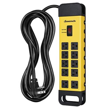 Imagem de DEWENWILS Tira de energia protetora contra sobretensão de metal de 10 saídas com cabo de 35 metros, plugue liso, disjuntor 15A, 1440Joules, tira de energia industrial resistente para garagem, oficina, montável na parede, listado em UL