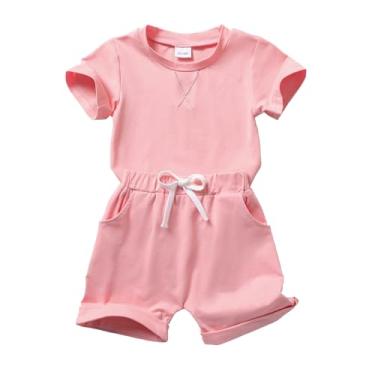 Imagem de Happy Town Conjunto de camisetas infantis de manga curta de cor lisa neutra para meninos e meninas, Cor lisa - rosa, 3-4 Anos