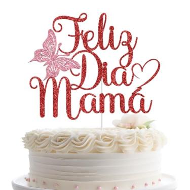 Imagem de Feliz Dia Mama Cake Topper, Happy Mother's Day Decorations, Thank You Mom - We Love You Decor, Mother's Day Party Decoration Supplies Red & Pink Glitter