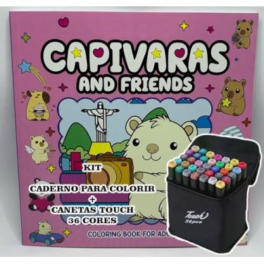 Imagem de Conjunto 36 Canetas Marcador Permanente Touch com Ponta Dupla para Desenho Profissional e Escolar + Livro de Colorir Capivaras – Canetinhas Hidrográficas com Estojo (Rosa 2)