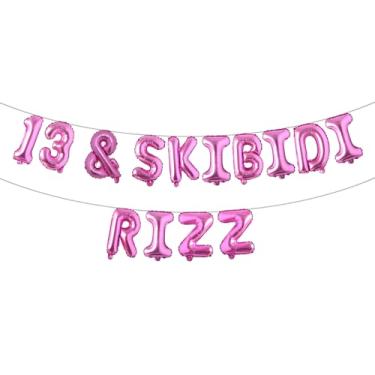 Imagem de Banner de balão multicolorido 13 & Skibidi Rizz - suprimentos, ideias e decorações para festa de 13 anos (13 e SKIBIDI RIZZ rosa vermelha)