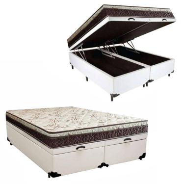 Imagem de Cama Box Baú Bipartido Casal Blindado Corino+Colchão Casal Espuma ExtraFirme D33 EleganceOrtopédico 64x138x188 Branco