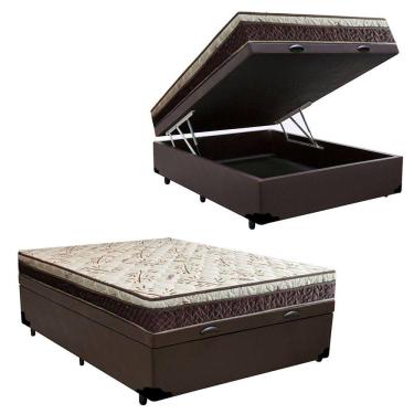 Imagem de Cama Box Baú Casal Blindado Corino + Colchão Casal Espuma Extra Firme D33 Elegance Ortopédico 72x138x188 Marrom