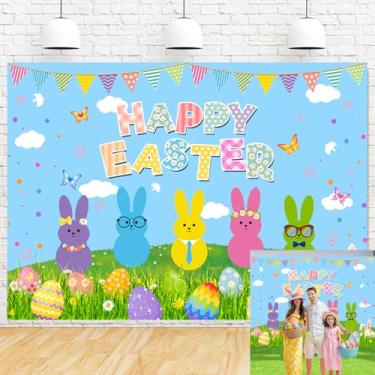 Imagem de 2,1 x 1,5 m Pano de fundo de Feliz Páscoa Primavera Coelhinho Coelho Fundo Fotográfico Borboleta Borboleta Ovos Coloridos Decoração de Festa de Páscoa Banner para Crianças Interior Exterior Festa Chá