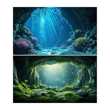 Imagem de 2 pacotes de fundo de aquário mundo subaquático grande caverna rochosa fundo de tanque de peixes cavernas caral recife fundos de aquário tropical sob o mar raios solares marinhos fundos de tanque de