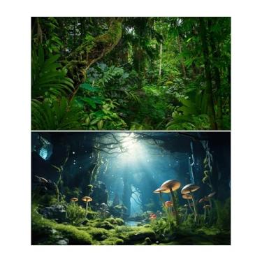 Imagem de 2 pacotes com fundo de aquário floresta tropical fantasia floresta peixe tanque de fundo estilo selva cogumelos répteis fundos de tanque fluxo lago folhas verdes répteis fundos de 122 x 50 cm