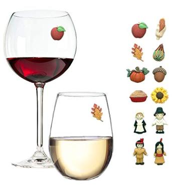 Imagem de Conjunto de 12 pingentes magnéticos para copos de vinho de Ação de Graças para copos sem haste, taças de champanhe e mais – Ótimo presente para anfitriã