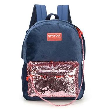Imagem de Mochila escolar veludo e lantejoula mágica up4you, Azul