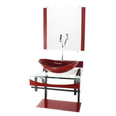 Imagem de Gabinete de vidro 40cm para banheiro curvado duplo pp cuba oval vermel
