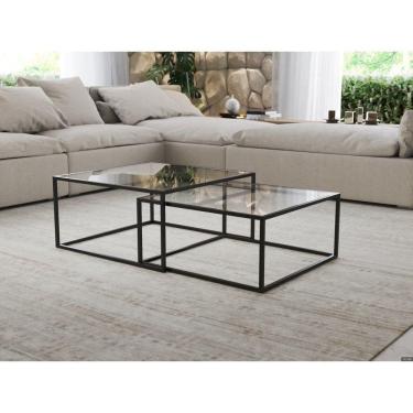 Imagem de Mesa De Centro Industrial Moderna Atemporal Duo Catarina Preto E Tampo De Vidro