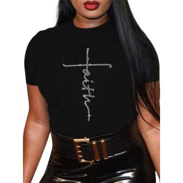 Imagem de Camiseta QYZ-Top Faith Cross Jesus Rhinestone Bling Black 2GG
