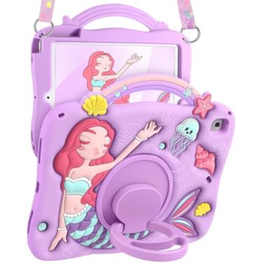 Imagem de Boaretiu Capa para iPad 6ª/5ª geração – Pro 9,7 polegadas desenho fofo sereias meninas adolescentes silicone 3D macio para iPad Air 2/Air 1 capa de tablet com alça e suporte giratório