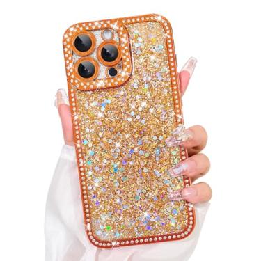 Imagem de Bonoma Capa com glitter para iPhone 16 Pro, luxuosa, brilhante, strass, brilhante, diamantes, galvanizada, para mulheres e meninas, capa protetora macia à prova de choque para iPhone 16 Pro, laranja