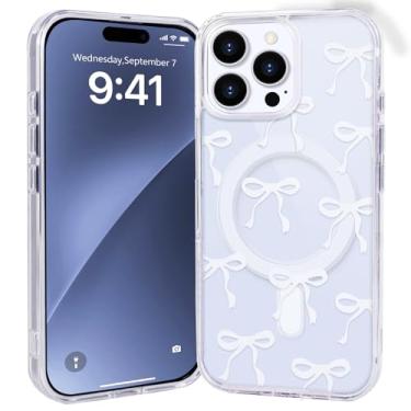 Imagem de SptPofp Capa magnética para iPhone 16 Pro Max fofa, design estético de fita de laços, capa transparente compatível com MagSafe sem fio macia amortecedora protetora durável fina capa de telefone para