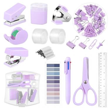 Imagem de Kit mini escritório auroray roxo com grampeador, furador, dispenser de fita, clips e bl...