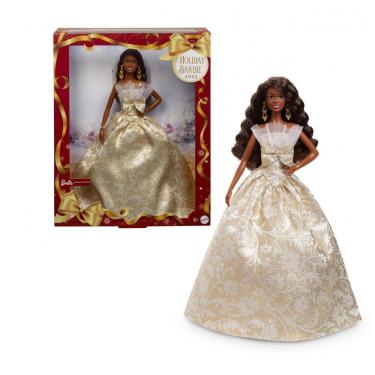 Imagem de Barbie Signature 2025 Holiday - Boneca Fashion com Vestido Prateado e Dourado, Cabelos Cacheados Pretos, Colecionável