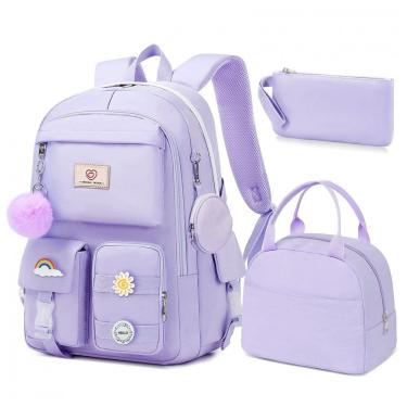 Imagem de Mochila escolar Fitvc juvenil feminina, conjunto 6 peças com lancheira, estojo, bolsa de moeda e pins decorativos