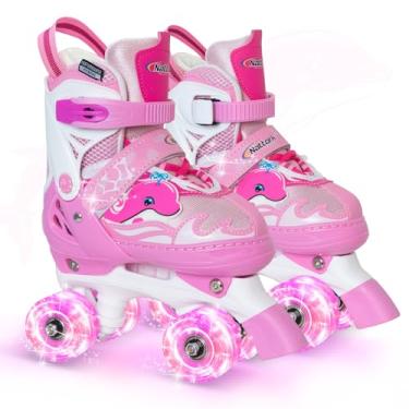 Imagem de Nattork Patins para crianças, patins com iluminação ajustável para meninas, meninos, verde, azul, roxo, rosa, patins para crianças, iniciantes, uso interno e externo