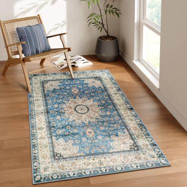 Imagem de Lahome Tapete de área com medalhão floral oriental – 7,6 x 12,7 cm azul persa envelhecido tapete vintage de lã sintética para ambientes internos, antiderrapante, lavável, tapete de lã baixa para entrada, sala de jantar, quarto