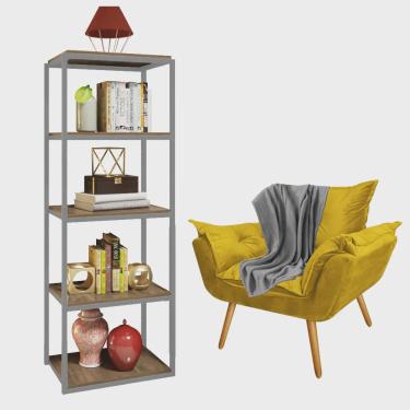 Imagem de Kit Poltrona Fatte com Manta Soft Cinza e Estante Livreiro Ferro Cinza mdf Freijó Suede Amarelo - Ahz Móveis