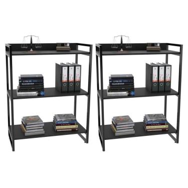 Imagem de Kit 2 Estantes Livreiro Multiuso Prisma Estilo Industrial 80cm 3 Prateleiras C08 Preto Onix