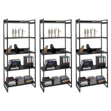 Imagem de Kit 3 Estantes Livreiro Multiuso Prisma Estilo Industrial 80cm 5 Prateleiras C08 Preto Onix