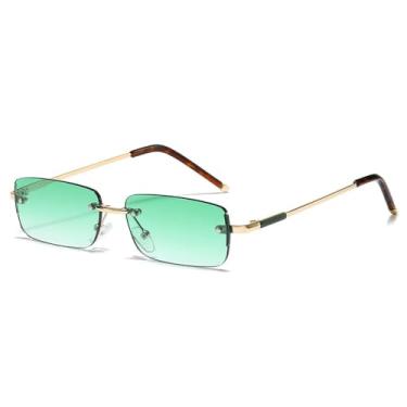 Imagem de Óculos de sol masculino sem aro, armação pequena, lentes coloridas, óculos modernos para mulheres, dourado e verde, 13,8 cm