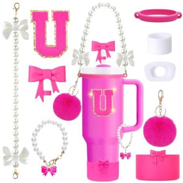 Imagem de Conjunto de acessórios de copo Stanley rosa de 9 peças para copo de 850 g 1,134 g com alça, inclui alça de pérola, topos de palha e bota de laço, pingentes de decoração, adesivo de letra, tampas à